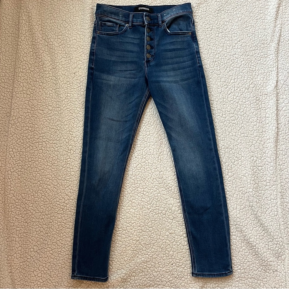 Express Women's Size 6 Denim Dark Blue High Rise Jean Ankle Legging Button Up